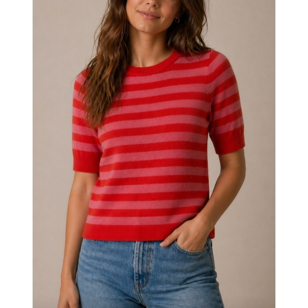 NEW Outerknown Red Pink‎ Stripe 100% Cashmere Short Sleeve Sweater XS 2450002